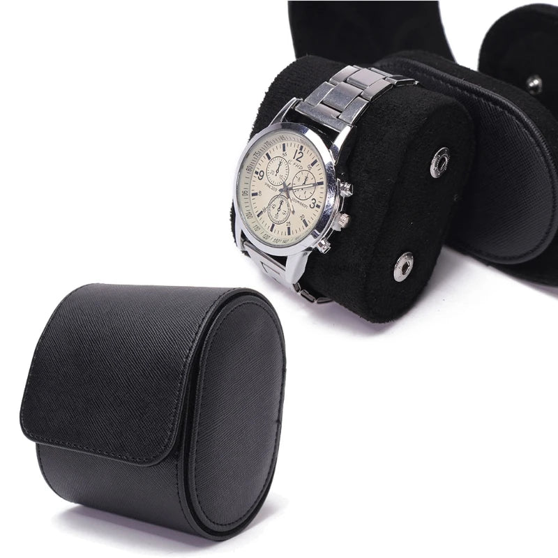 Real black leather single watch roll
